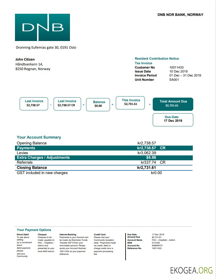 Norway DNB utility bill template in Word and PDF format